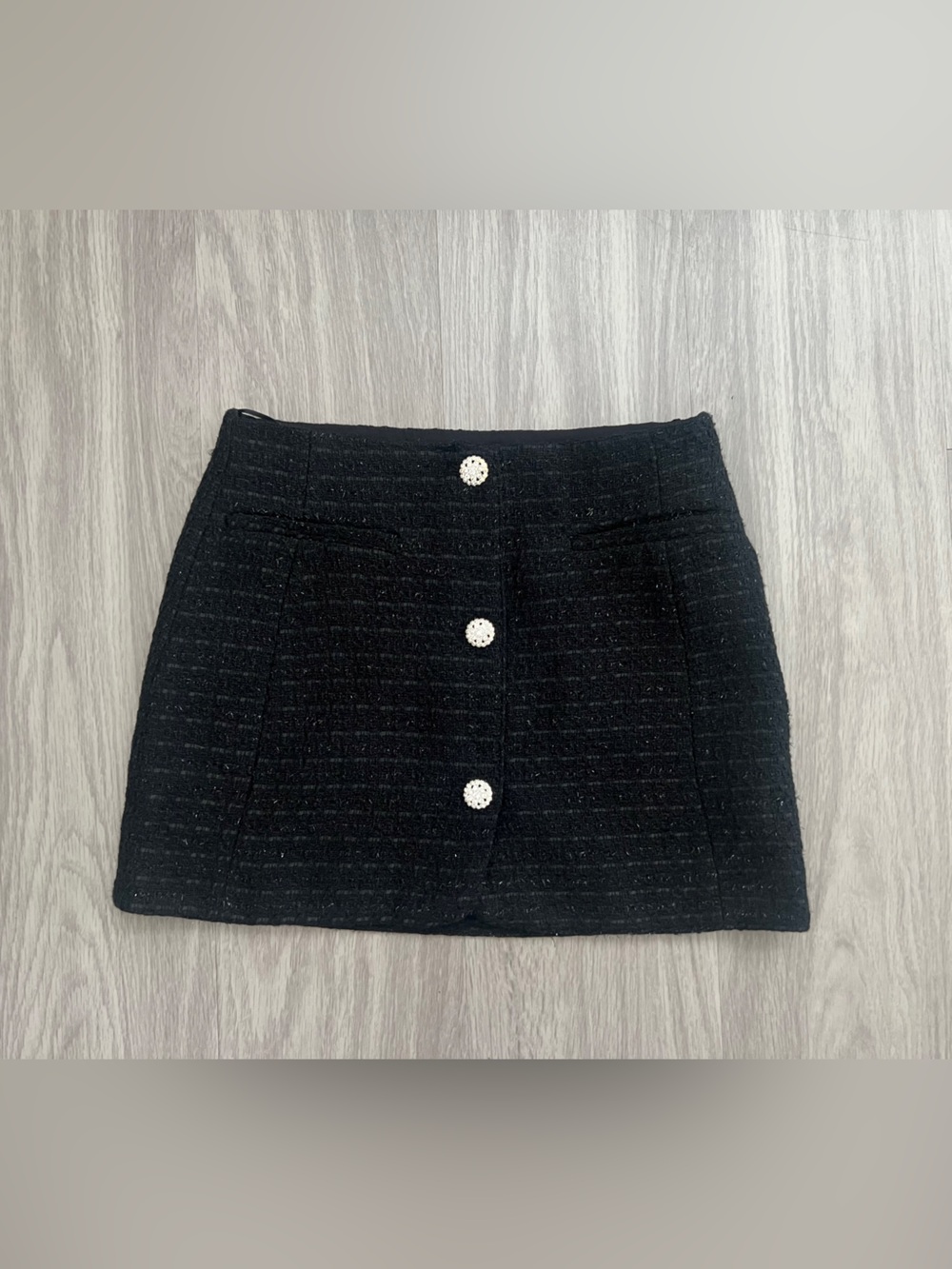 Zara Black Tweed Rhinestone Button Mini Skirt Size S
